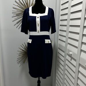 Nina Leonard Navy and White Contrast Sheath Dress with Gold Buttons